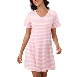 Enjyam Women Cotton V Neck Stripes Nightshirts Short Sleeve Nightdress Comfy Summer Loungewear-Pink/M