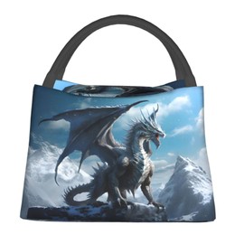 amepay Blue Dragon Insulated Lunch Box for Fantasy Art Lovers, Majestic Snow Mountain Illustration Tote Lunchbags, Reusable Cooler Lunchbox & Makeup Bag Gifts for Work, School, Picnic, Office