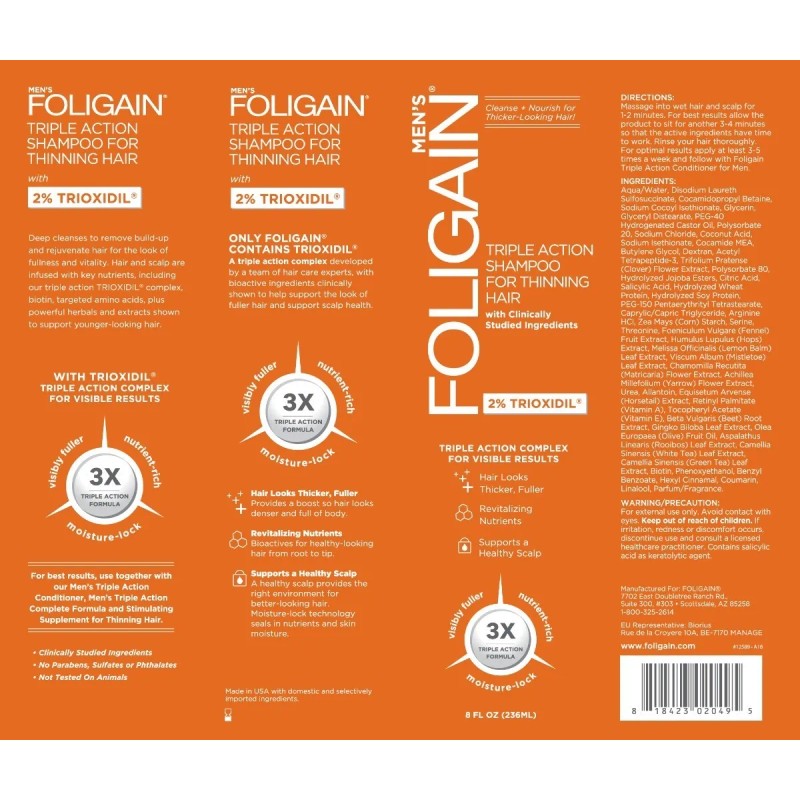 Shampoo Hombres Con Trioxidil 2% Triple Acción Caída 236 Ml