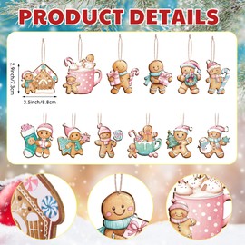 Kathfly 24 Pcs Pink Gingerbread Christmas Decor Watercolor Christmas Gingerbread Man Wooden Hanging Ornaments with Hemp Rope Cartoon Wooden Craft Slices for Xmas Tree Winter Office Home Decoration