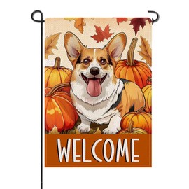 Artofy Welcome Fall Corgi Dog Small Decorative Garden Flag, Autumn Thanksgiving Pumpkin Yard Lawn Outside Decor Pet Owner Lover Gift, Maple Leaves Burlap Outdoor Home Decoration Double Sided 12 x 18