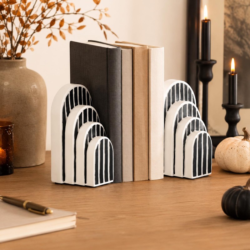 Modern Striped Arch Bookends Set of 2 Resin Black White