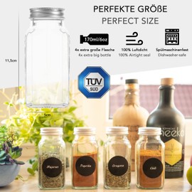 Kamoro HOME & KITCHEN 4 Spice Jars for Easy Storage of Spices - Thanks to Extra Large 170 ml Capacity Ideal for Refills - 8 Shakers in 2 Shapes for Easy Dosage