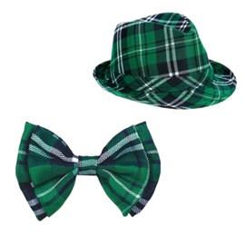 eBoutik - Novelty St Patrick's Day Irish Green Trilby Hat and Bow Tie Set - Ireland Fun Joke Plaid Party Costume Accessories Outift Unisex - Paddy Day Party