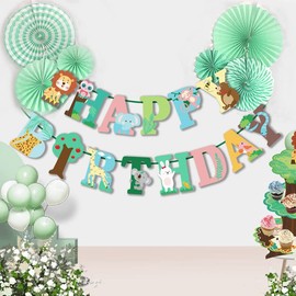 Norinoya Animal Happy Birthday Banner,Birthday Bunting,Birthday Party Supplies Decorations,Perfect for Indoor Outdoor Kids' Party Banners