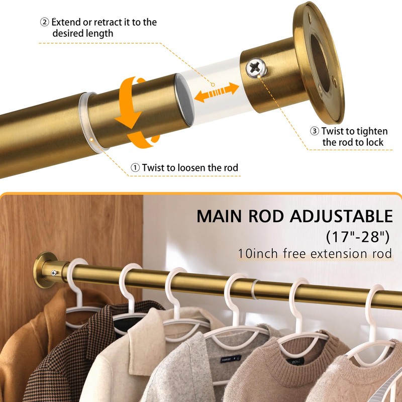 Closet Rods For Hanging Clothes, 17-64 Inch Adjustable Closet Rod,