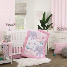NoJo Carter's Floral Elephant Pink and Gray Bird, Butterfly and Flowers 3 Piece Nursery Crib Bedding Set - Comforter, Fitted Crib Sheet, and Crib Skirt