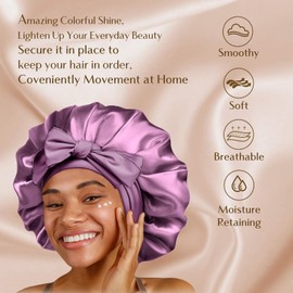 YANIBEST Silk Bonnet for Sleeping Women Satin Bonnet Double Layer Satin Lined Hair Bonnet with Tie Band Curly Hair Purple