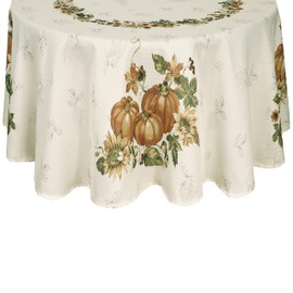 Lintex Stockbridge Pumpkin Harvest Bordered Thanksgiving Tablecloth, Autumn Fall Leaf, Sunflower and Acorn Border Print Easy Care Fabric Tablecloth, 70 Inch Round