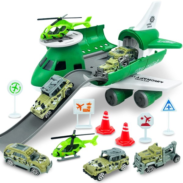 Ynybusi Airplane Toys for 3 4 5 6 Year Old Boys & Girls,Huge Transport Cargo Airplane with 4 Construction Cars & 8 Accessories,Aeroplane Toys for Kids Toddlers Girls Boys (Army)