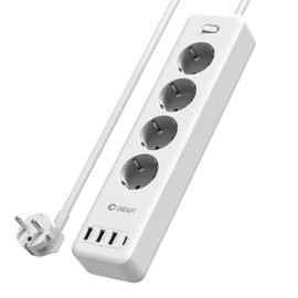 Unidapt Mehrfachsteckdose mit 4 Smart USB Ports (3,4A / 15W), USB-C Steckdosenleiste Wandmontage (2500W /10A) mit Überstromschutz und Kinderschutz, Steckerleiste mit Schalter und 1.8M Kabel, Weiß