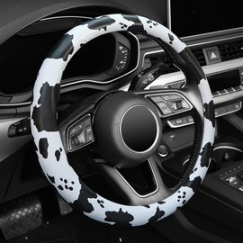 Cow Print Steering Wheel Cover, Universal 15 inch Breathable Microfiber Leather Car Steering Wheel Cover for Women Men, Anti-Slip, Black&White