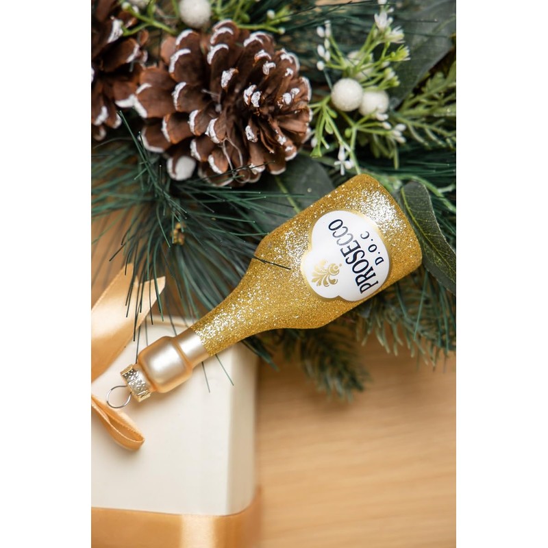 Blown Glass Prosecco Wine Bottle Ornament and Wine Glass Ornament