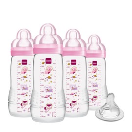 MAM Easy Active Baby Bottle 11 oz with Bonus Nipple, Fast Flow Skinsoft Silicone Nipple with Wide Neck Ergonomic Design, Easy to Hold, BPA-Free Bottles with Leak-Proof Caps for 4+ Months Baby, Girl