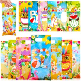 Pasimy 60 Pcs Summer Goodie Bags Plastic Hawaii Candy Treat Bags Tropical Beach Pool Party Favor Gift Bags Bulk Tiki Snack Bags with Handle for Hawaiian Aloha Luau Birthday Supplies, 6 Design