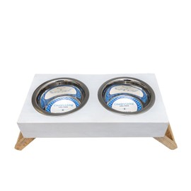 Country Living Classic Elevated Pet Feeder - Solid Mango Wood with Distressed White Polished Finish, Includes 2 Small (12 oz) Stainless Steel Bowls - Foldable Legs for Easy Storage