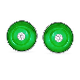 Round Disc CZ Accent Green Dyed Jade Clip On Earrings For Women Sterling Silver Non Pierced
