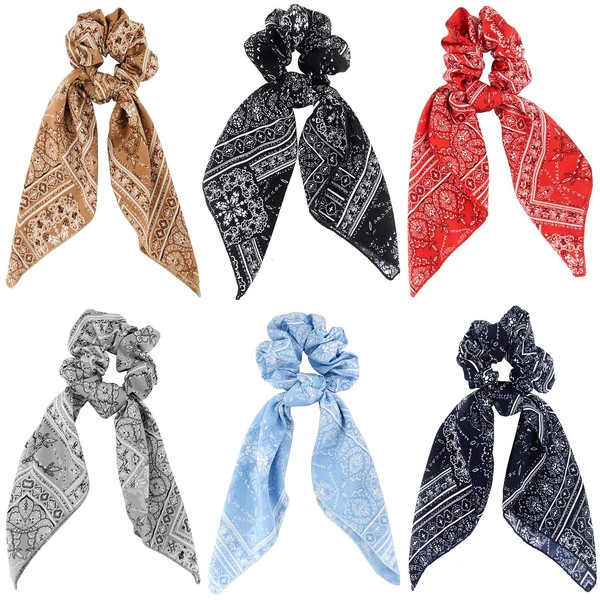 Cutewing Hair Scarf Ties Paisley Ponytail with Scarf 2 in 1 Hair Scrunchies Scarf Strong Elastic Hair Scrunchy Hair Bows Hair Bands Hair Accessories for Women Girls with 6PCS
