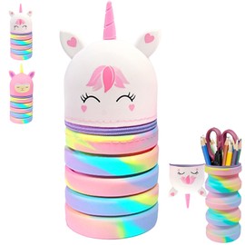 AUNGKWANG Kawaii Pencil Case, 2 in 1 Stand Pencil Case with Zip, Cute Cartoon Animal Pencil Case, Artist Pencil Case, Cute School Supplies, for Students, Teenagers, White, pen holder for stationery