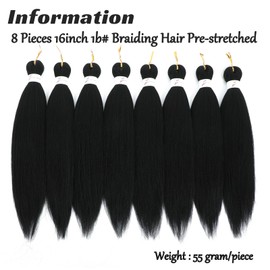 Royota Black Braiding Hair Pre Stretched Easy Yaki Texture Synthetic Knotless Braiding Hair Extensions for Box (1b, 8packs,16inch)