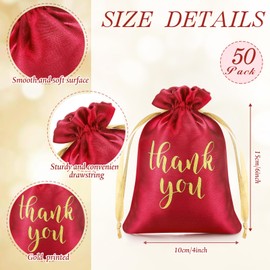 Sieral 50 Pcs Thank You Satin Gift Bags with Drawstring Jewelry Candy Gifts Bags for Wedding Bridal Shower Gift Wrap Bags for Baby Shower Birthday Party Favor(Red, 4 x 6 Inch)