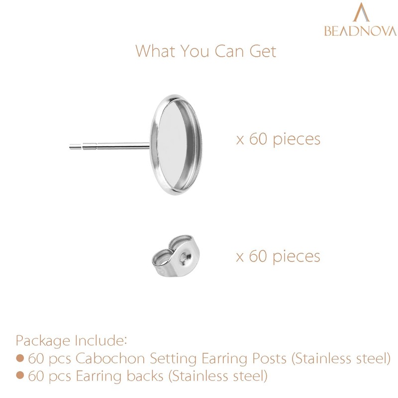 BEADNOVA Cabochon Setting Post 60pcs Blank Earring Studs 8mm Stainless