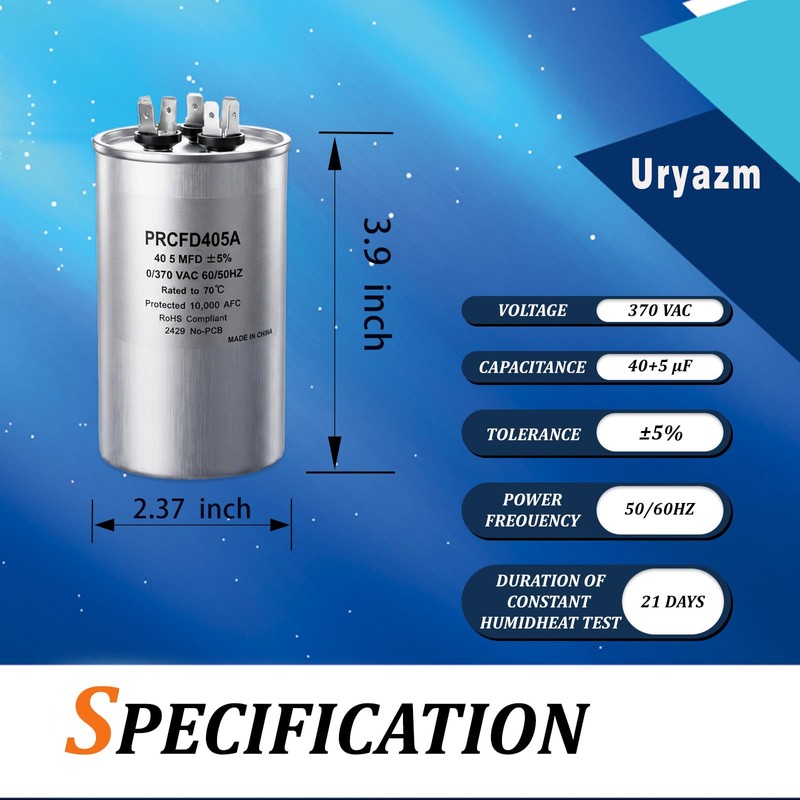 Uryazm 40+5 uf MFD 370/440 VAC Dual Run Round Capacitor,