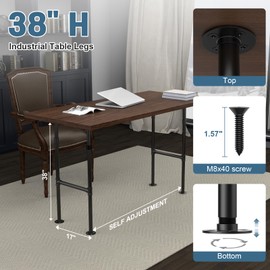 38 Inch Industrial Industrial Table Legs, Heavy Duty Iron Pipe Legs for Counter Tables, Desks & DIY Pipe Furniture - Dark Grey Black Powder Coated Metal Base (Set of 2, Rustic Vintage Design)