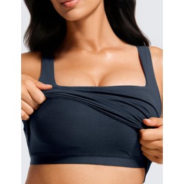 Fisoew Yoga Butterluxe Womens Square Neck Longline Sports Bra Workout Crop Tank Tops Camisole with Built in Pads,Navy Blue,M