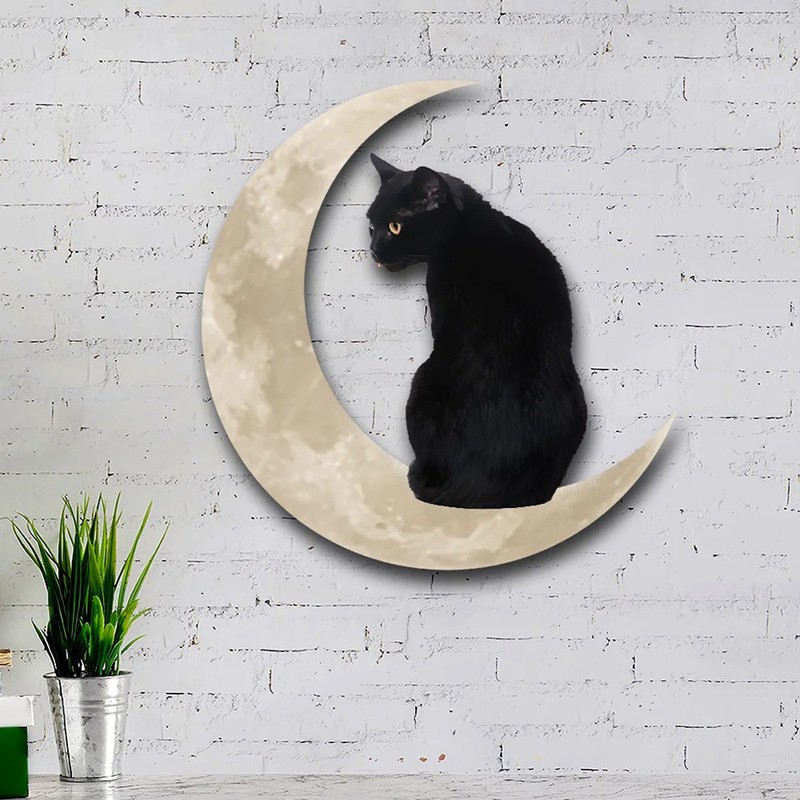 Metal Black Cat Moon Hanging Sign Cat On The Moon