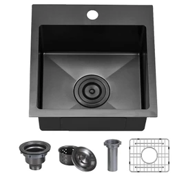 Hotis Black Drop In Bar Sink, 15x15 Small Kitchen Sink Single Bowl, Stainless Steel Black Sinks for Outdoor Wet Bar Prep RV Yard Office Laundry Utility with Strainer Drain and Bottom Grid