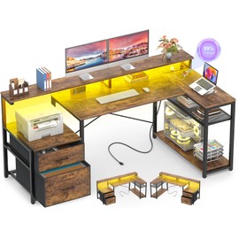 Aheaplus L Shaped Desk with File Drawer, Reversible L Shaped Computer Desk Gaming Desk with Power Outlet & LED Strip, Home Office Desk Corner Desk with Monitor Shelf, Storage Shelves, Rustic Brown