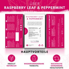 Nutra Tea Raspberry Leaf Tea & Peppermint Support Before & Postpartum Labour Tea Helps Strengthen the Uterus 60 Reusable Tea Bags Relieves Nausea Raspberry Leaf