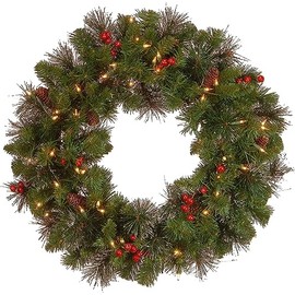 National Tree Company Pre-Lit Artificial Christmas Wreath, Green, Crestwood Spruce, White Lights, Decorated with Pine Cones, Berry Clusters, Christmas Collection, 24 Inches