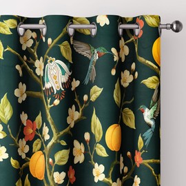 Floral Curtains 100% Blackout, Vintage Hummingbird Black Out Curtain 84 Inches Long, Thermal Insulated Window Drapes 2 Panels, Grommet Room Darkening Curtains for Living Room Bedroom, Dark Green