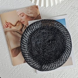 RUNQIU Beret Summer Hollow Breathable Artist Beret Women Painter's Hat Walking Cap Stylish Cute Summer Simple Knit, Black, 55.0–59.0 cm