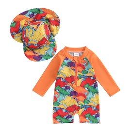 Socutebabe Toddler Infant Baby Boys Swimsuit Kids Rash Guard One Piece Newborn Zipper Bathing Suit Swimwear with Hat (Dinosaur Orange,6-12 Months)