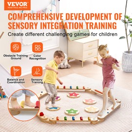 VEVOR Balance Beam Stepping Stones, 6 PCS Wooden Toddler Balance Boards, Montessori Toy for Kids 3-6, Build Coordination and Gross Motor Skills Gymnastics Obstacle Course Indoor Outdoor for Girls Boys