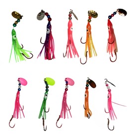 KOKOPROS Squid Fishing Hoochies 10 Pack -Glow Fresh Water Kokanee Salmon Trolling Lures with Pre-Rigged Octopus Hooks - Spinner Blades, Synthetic Skirts Kokanee Hoochies for Salmon Fishing