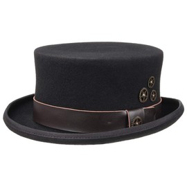 Conner Felt Hat Steampunk Top Hat Wool Felt Hat Men's Hat with Leather Strap, black