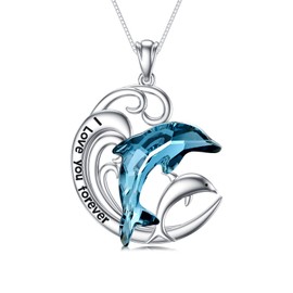 Flpruy Sterling Silver Dolphin Necklace - Ocean Themed Mother and Child Necklace with Blue Crystal Dolphin for Women - Mom Birthday Mother's Day Gift