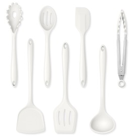 Herogo Silicone Cooking Utensils Set, 7-Piece Kitchen Utensils Set, Heat Resistant Cooking Gadget Tools Slotted Turner, Spoon, Soup Ladle, Pasta Server, Spatula, Tongs for Nonstick Cookware, White
