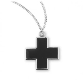 Solid 925 Sterling Silver Black Wide Enamel Cross Christian Pendant Necklace