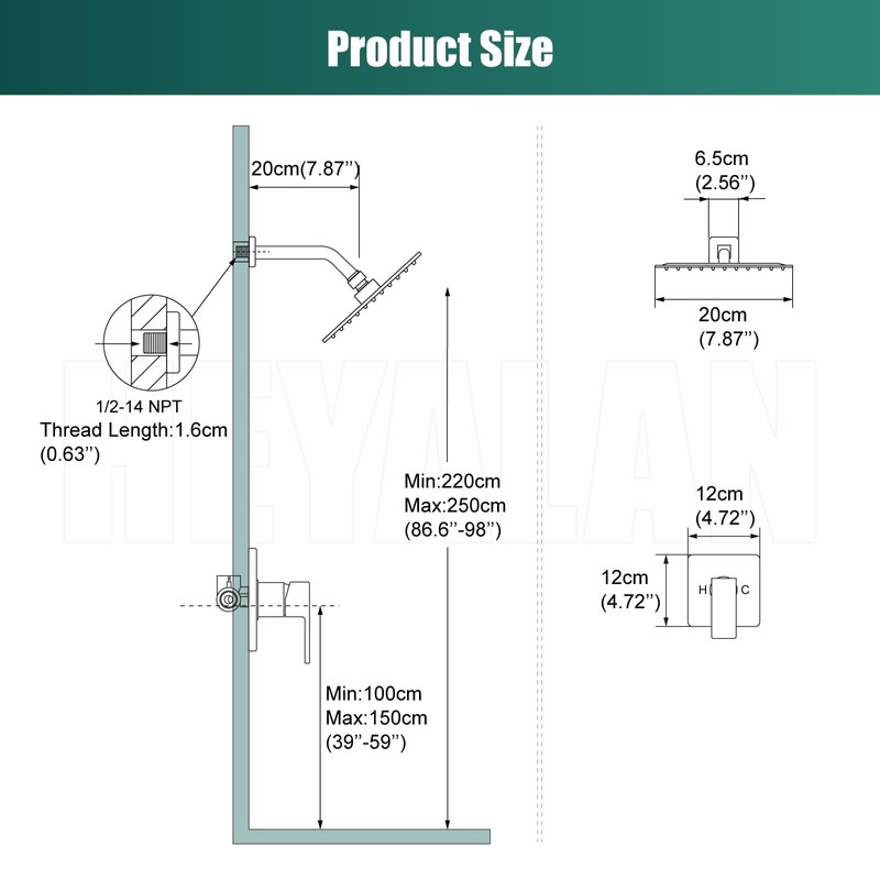 Heyalan 8 Inch Shower Head and Handle Set Square Shower