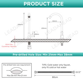 Cold Water Only Faucet 1 Hole Gooseneck Kitchen Sink Taps with 360 Degree Swivel Spout Lead-Free Single Handle SUS304 Stainless Steel Deck Mount Sink Bar Tap with One 80CM Long Hose Brushed Nickel