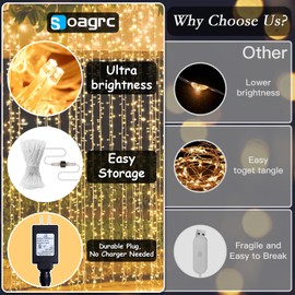 Soagrc 200 LED Curtain String Lights 9.8 * 6.6FT Plug in Fairy with Timer and 8 Modes, Waterproof Window Wall for Bedroom Wedding Party Indoor Outdoor Christmas Decor