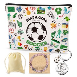 SEAOYOZO Soccer Makeup Bag gift for Girls, Soccer Cosmetic Bag with Keychain and Bracelet Coach Gifts for Her Him Players Teams Fans Football Lovers Sport Party Favors