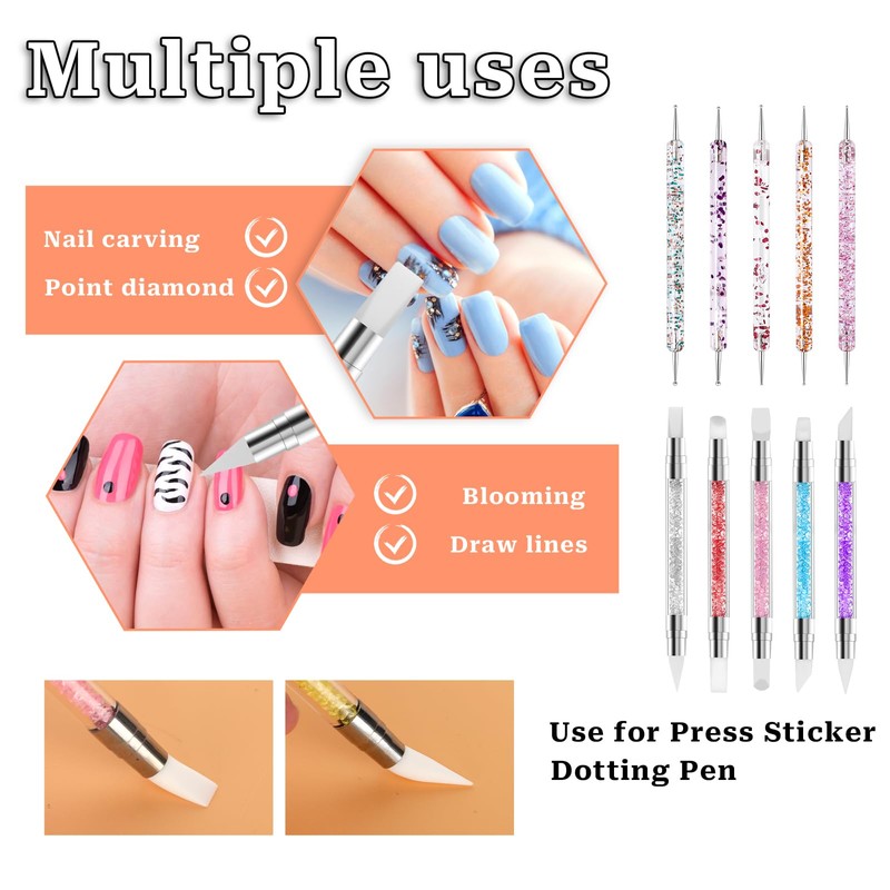 10PCS Nail Art Gel Carving Pen Rhinestone Handle Silicone Nail