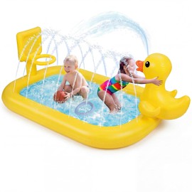 Jenaai Splash Pad for Kids 63" Inflatable Yellow Duck Sprinkler Mat for Toddler 3-in-1 Water Toy with Basketball Game Indoor Outdoor Summer Kiddie Pool Play Center Birthday Gift for Boys Girls