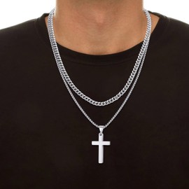 FUNEIA Cross Chain Men's Stainless Steel Necklace Men Women Silver/Gold/Black Layering Chains with Cross Pendant for Boys Men Jewellery Gift, Stainless Steel